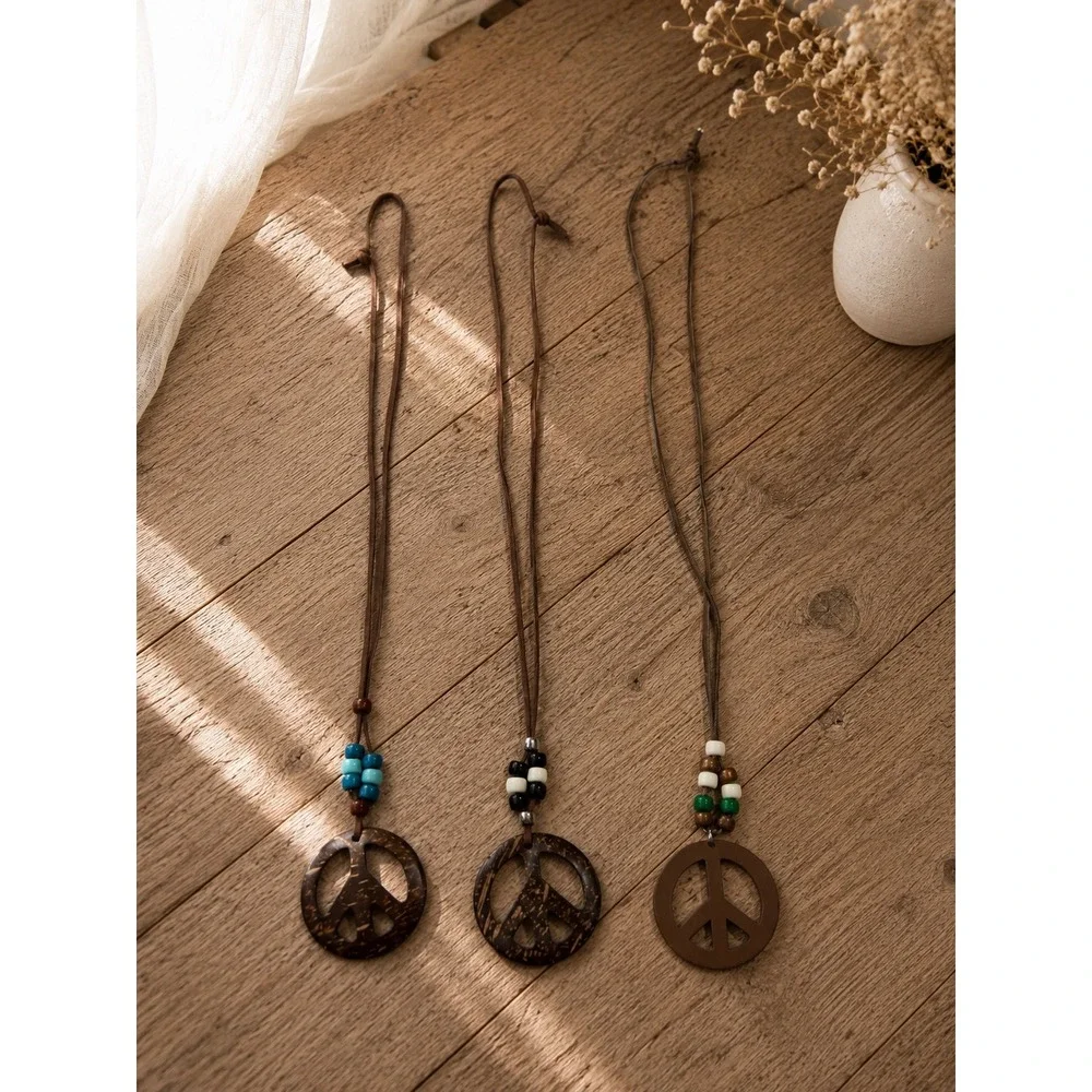 Y2K Peace Sign Pendant Necklaces Boho 70s Retro Festival Costal Hippie